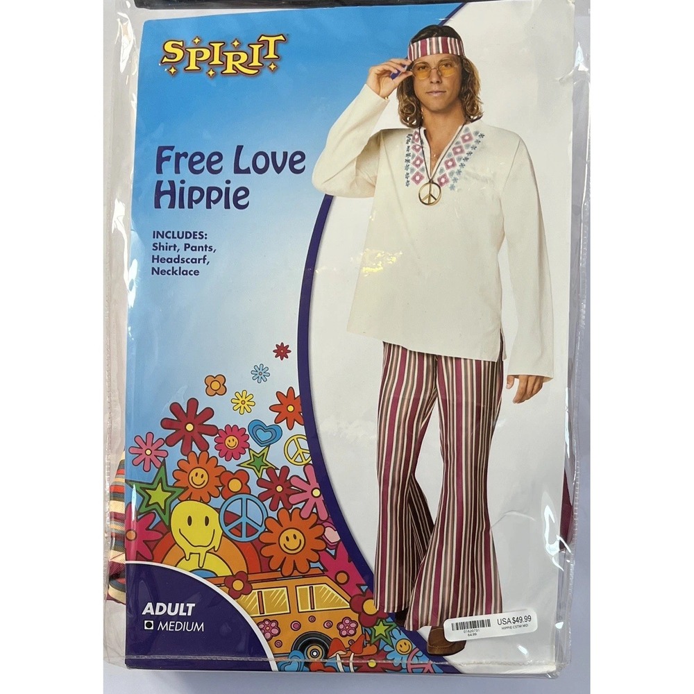 Spirit Free Love Hippie Adult M Costume Complete Outfit Multicolor Unisex